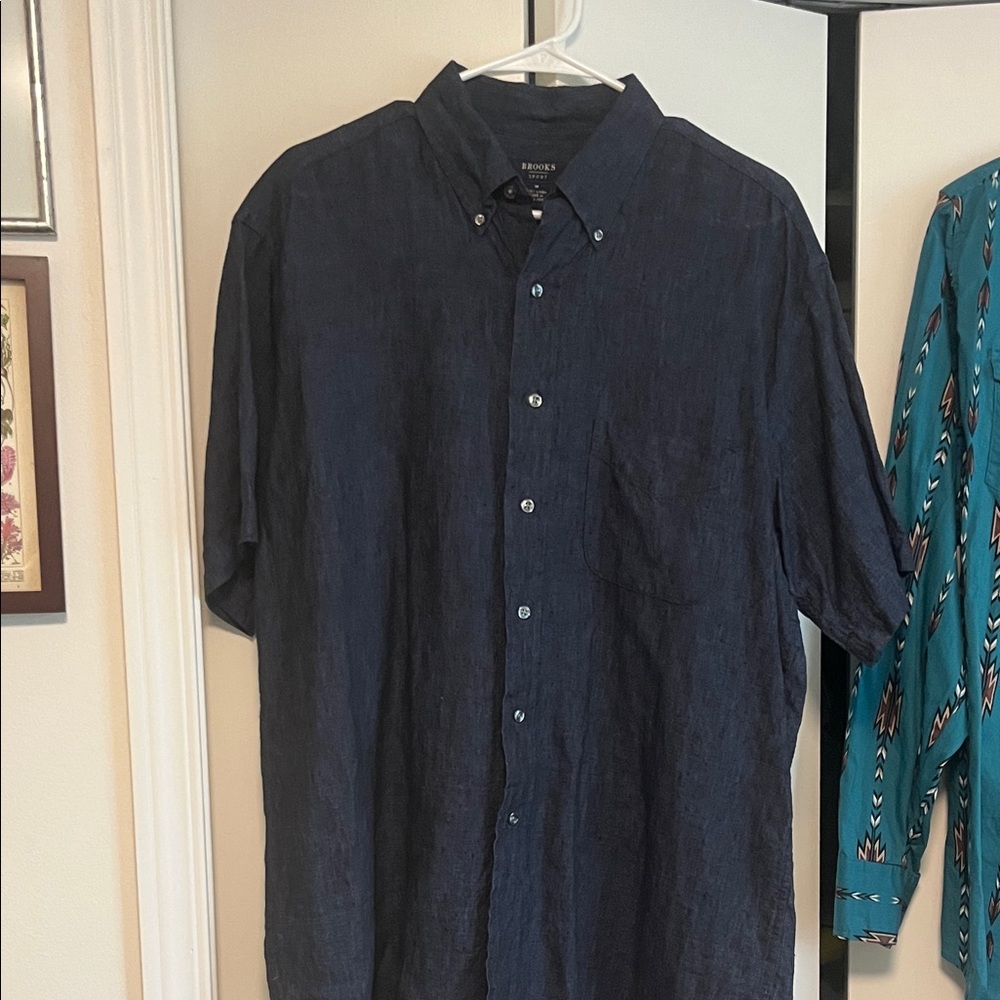 Brooks Brothers Navy Short-Sleeve Button-Up Linen Shirt